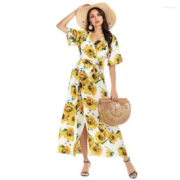 فساتين الحفلات نساء Maxi Dress 19 ألوان الصيف الخريف الطويل الأزهار بوهو أصفر أصفر بوهيميان أنيقة شاطئ مثير YY-0491