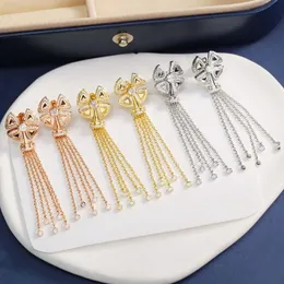 Europe America Fashion Style Lady Women Brass Plated Gold Engraved B Initials Settings Diamond Tassel Eardrop Stud Dangle Earrings 1Pairs