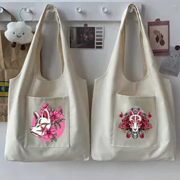 Sacchi per la spesa alla moda in stile giapponese sacca donna tote di grande capacità di maschera da cartone animato stampare un beige riutilizzabile casual