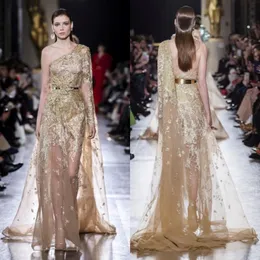 Elie Saab 2019 Evening Dresses Gold Appliques One Shoulder Long Sleeve Backless Prom Gowns Formal Special Occasion Dress Abendkleider 260H
