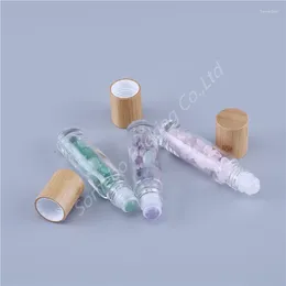 Depolama şişeleri 100pcs/lot 10mlrushed taş yeşim silindir topu yüksek dereceli bambu kapak ile masaj esansiyel yağ kullanımı için şişe üzerinde