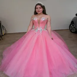 Pink 2021 Msquerade Abito da ballo Quinceanera Dresses Preicess with the Off the Off Tulle Prom Sweet 16 Abito Birthday Birthday Abbigliamento 259Y