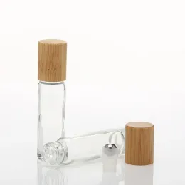 5pcs 10ml Thick clear Glass Essential Oil Roll On bottle with bamboo Wood lid /Metal Roller Ball for Perfume Aromatherapy