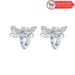 Brincos de argola 925 Sterling Silver Blue Dragonfly Fit Charms Original For Women Girls Stud Brincando Presentes de jóias finas