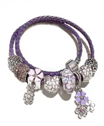 925 Sterling Silber Pink Blume Charm Bead fünf Blütenblätter FIT Europäische Armbänder für Frauen Charme Doppelschicht Echtes Lederketten Mode Juwely5523236