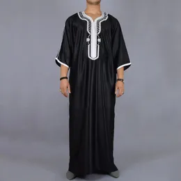 Yaz Kaftan Müslüman Erkek Siyah Çökel Kısa Kollu İşlemeli Arap Etnik Stil Erkekler İslami Giyim 240425
