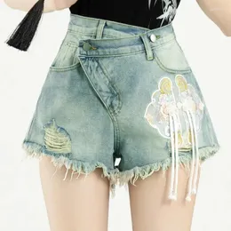 Women's Shorts ZXRYXGS 2024 Fashion Embroidered Denim With Irregular High Waist Wear Out Deckle Edge Tassels Women Trend