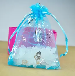 HELA 100PCSLOT 9X12CM Gift Wrap Lake Blue Organza Jewelry Gift Pouch Bags DrawString Bag Butterfly Pattern2244915