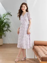 パーティードレスVimly Embroidery Floral Chiffon French Dress Women 2024ファッションvネックレースアップスリムウエストホリデービーチラップ