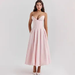 캐주얼 드레스 ming xi 패션 여름 2024 핑크 끈이없는 긴 드레스 우아한 플레어 코르셋 여자 의류