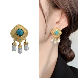 Designer Gold Earrings Turquois Stud For Women 18K Gold Plated Vintage Rhombus Tassel Bohemian Earrings For Female Party