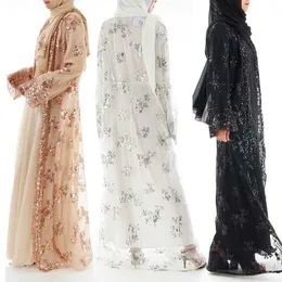 Etniska kläder 2021 Summer Abaya Dubai Women Long Sequined Lace Mesh Kimono Cardigan Muslim Hijab Dress Kaftan Abayas Turkish Islamic Clothing T240510