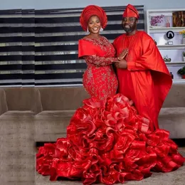 Aso Ebi Red Mermaid Wedding Dresses With Ruffles Bottom Long Sleeves Appliques Bead Formal Bridal Party Gowns Plus Size robe de soiree 239j