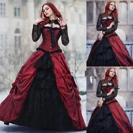 Burgundy Gothic Victorian Halloween Wedding Dresses 2020 Vintage Wine red and black Sheer Lace Long Sleeve Plus Size Corset Bridal Gown 185M