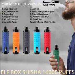 ELF BOX SHISHA 16000 Puff Disposable E Cigarettes Mesh Coil 28ml Pod 600 mAh Battery Electronic Cigs Puffs 16k 0% 2% 3% 5% 12 flavors Vape Pen