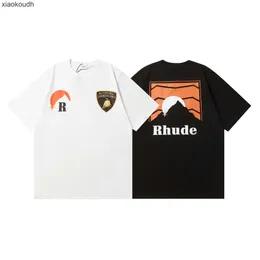 Rhude High end designer T shirts for 24S trendy striped sunset snow mountain print short sleeved tshirt for men and women high street half sleeved With 1:1 original tags