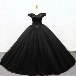 2019 Neues Ballkleid schwarze gotische Hochzeitskleider von der Schulter Basken Taille Korsett Rückenboden Länge Frauen Vintage Nicht weiße Braut G 264o