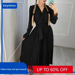 Ethnic Clothing Women Wrap V-neck With Sashes Pleated Big Swing Maxi Dress 2024 Autumn Vintage Long Vestidos Evning Party Dresses