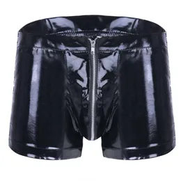 Mens Sexy Open Crotch Short Pants For Sex Latex Bodycon Zipper Crotchless Patent Leather Fetish Boxer Lace up Beside Catsuit Costumes