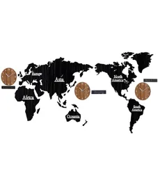 Wood World Map Time Non Ticking Silent Wall Stick Clock DIY Home Decoration9912454
