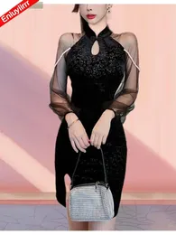 Lässige Kleider Cheongsam Design Bleistift 2024 Frauen sexy Lady Bodycon Jahr Weihnachtsfeier Bling Perle Elegant Mini Black Kleid