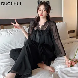 Caso doméstico duojihui preto ritmo de renda de ritmo de renda de pijamas doces feminino conjunto simples de moda de calça de 3 cores casual para mulheres