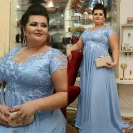 Blue Blue Plus Size Chiffon Mãe dos vestidos da noiva com mangas curtas Vestidos de noite Lace Empire Waist Mãe árabe Mãe 234L