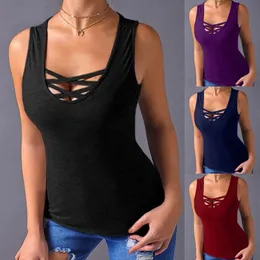 Yaz kadın kravat kayışları vneck seksi kolsuz tank üst moda rahat saf pamuk sxxxl 240506