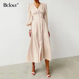 Vestidos casuais bclout elegante cetim de camisa de peito simples moda moda bege slim v pesco