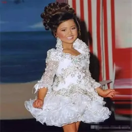 Glitz Pageant Dreess for Girls Little Girl Gowns 3 4 슬리브 구슬 Crystal Rhinestone Ruffles Cupcake Pageant Dress 197c