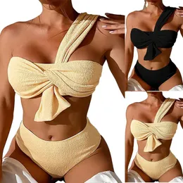 Moda de banho feminina Um ombro de duas peças Banduau Bikini Swimuit Women 2024 Cintura alta Cintura até o traje de banho de praia Summer