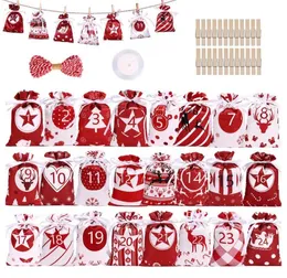 24pcs Calendar Candy Pouch Рождественский украшение обратное отсчетное календарное сумка для атласной шнурки 2022 Рождественская подарочная сумка SET4048156