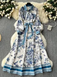 Sıradan Elbiseler Neploe Zarif Dönüş Yaka Fener Sleeve Baskı Mujer Dantel Up Vintage Fit Mid-Mongth Vestidos Fransız Tarzı Panelli Çorna