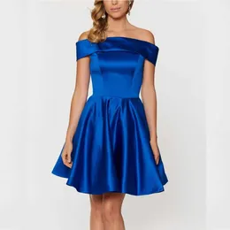 Basic Casual Dresses Cheap Short Satin Graduation Dresses Mini Off the Shoulder Royal Blue Prom Dress Evening Gowns A-line Bridesmaid Party Dress T240510