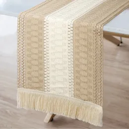 Ourwarm MacRame Masa Runner Farmhouse Style Doğal Pamuk Ekleme Boho Masa Runner Düğün Ev Masası Dekor 240509