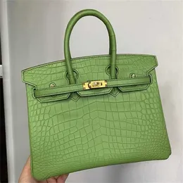 Women Brkns حقيبة يد حقيقية الجلود 7A Handswen BK25 مياه منزلية مصبوغة مات التمساح الجلد نصف اليد الخياطة Avocado Green Bage4Ku