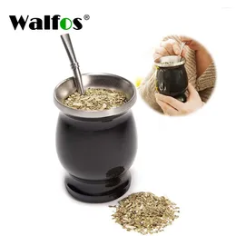 찻 주송 세트 Walfos Mate Natural Gourd/Tea Cup 세트 8 온스 Bombillas Yerba Straw Cleaning Brush 스테인리스 스틸 이중 벽