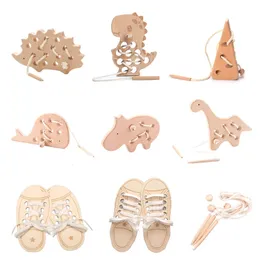 Baby Wood Montessori Toys Animal Hedgehog Threading Board Kids Beech Education Toy Button Bead Block Pussel 240509