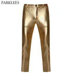 Pantaloni da uomo pantaloni sportivi in metallo lucido oro pantaloni da uomo nightclub hip hop marrone dj abbigliamento da strada pantaloni da jogging in pelle per la festa