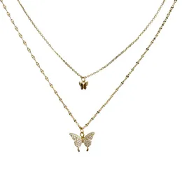 مصممي الأزياء Ciaxy Stamp Butterfly Necklace for Women طبقة مزدوجة سلسلة الترقوة اللامعة CZ Necklace Dainty Dainty Silver Color8729293