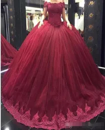 Burgundy Ball Grow Tulle Quinceanera Dresses New Elegant Off the Cooder Lace equins Top Organza Long Sweep Train Gown1730338