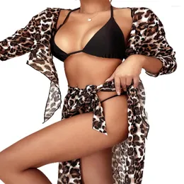 Damskie stroje kąpielowe FS Kobiety Leopard Print Bikini Set Calter Lace Up Kathing Suit Długie rękaw Hip Spirt Swimuit Four Piece 2024