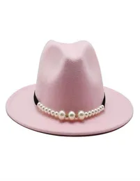 Fedora Solid Elegant Pearl Buck Buckle Classic Winter Women Whise Pink Fearsator Wedding Formal Felt Hat Womens2451144