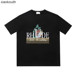 Rhude High end designer T-shirts for Fashion Micro Sailboat Coconut Tree Print Short sleeved T-shirt for Men and Women High Street Half Sleeves With 1:1 original labels