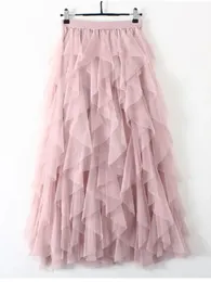 Tigena Tutu Tulle Long Maxi Skirt Women Fashion 2023韓国のかわいいピンクハイウエストプリーツメッシュ女性美学ファルダス240508