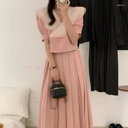 Work Dresses Korean Ins French Organza Stitching Doll Collar Short-sleeved Shirt Pleated Skirt Suit Female Asymmetrical CN(Origin)