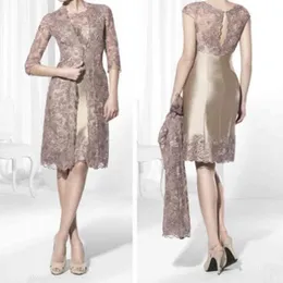 Gold Brown Knee Lenght Mother of the Bride Dresses Jacket Lace Plus Tamanho Vestidos de convidado de casamento 285x