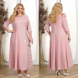 Bescheidene rosa Spitzenmutter der Brautkleider applizierte 3/4 lange Ärmel Hochzeit Gastkleid Knöchel Länge Plus Size -Abendkleider