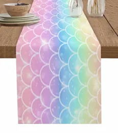 Sjöjungfrun skalor Ocean Rainbow Linen Table Runner Kitchen Table Decoration Farmhouse Dining Table Tyg Wedding Party Decor 240509