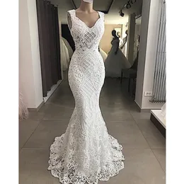 Robe de Mariee 2020 wycięte koronkowe aplikacje syrena sukienki ślubne bez rękawów puste suknie ślubne eleganckie sukienkę dla nowożeńców plus size 245v